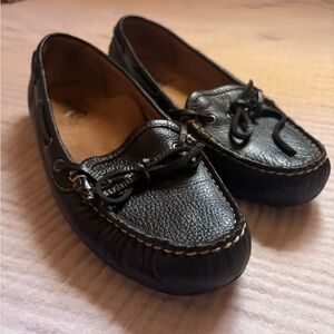 Black Leather Loafers with Bow Detail